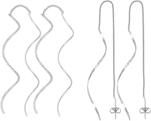UNICRAFTALE 4 Pairs 2 Styles Dangle Earrings for Women Metal Twisted Spiral Threader Earrings 12.5-15cm Long Platinum Threader Earring Dainty Minimalist Dangling Drop Earring for Prom Party