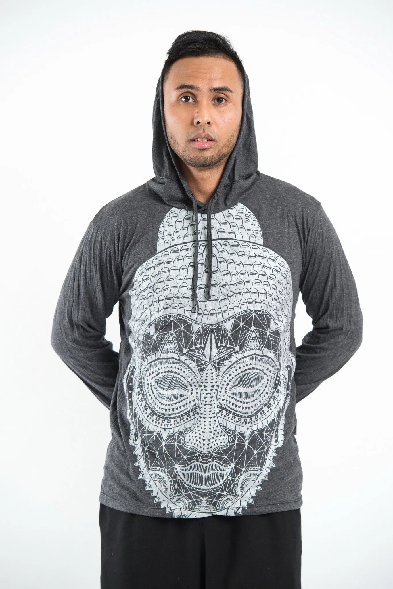Unisex Buddha Head Hoodie in Silver on Black