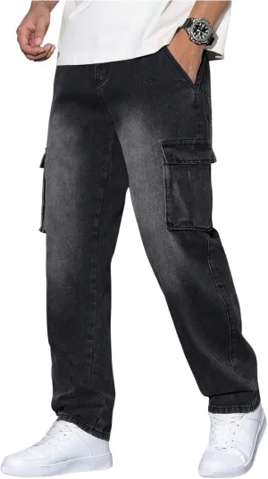 Verdusa Men's Cargo Jeans Relaxed Outfits Straight Leg Denim Pants Vintage Jeans with Pockets