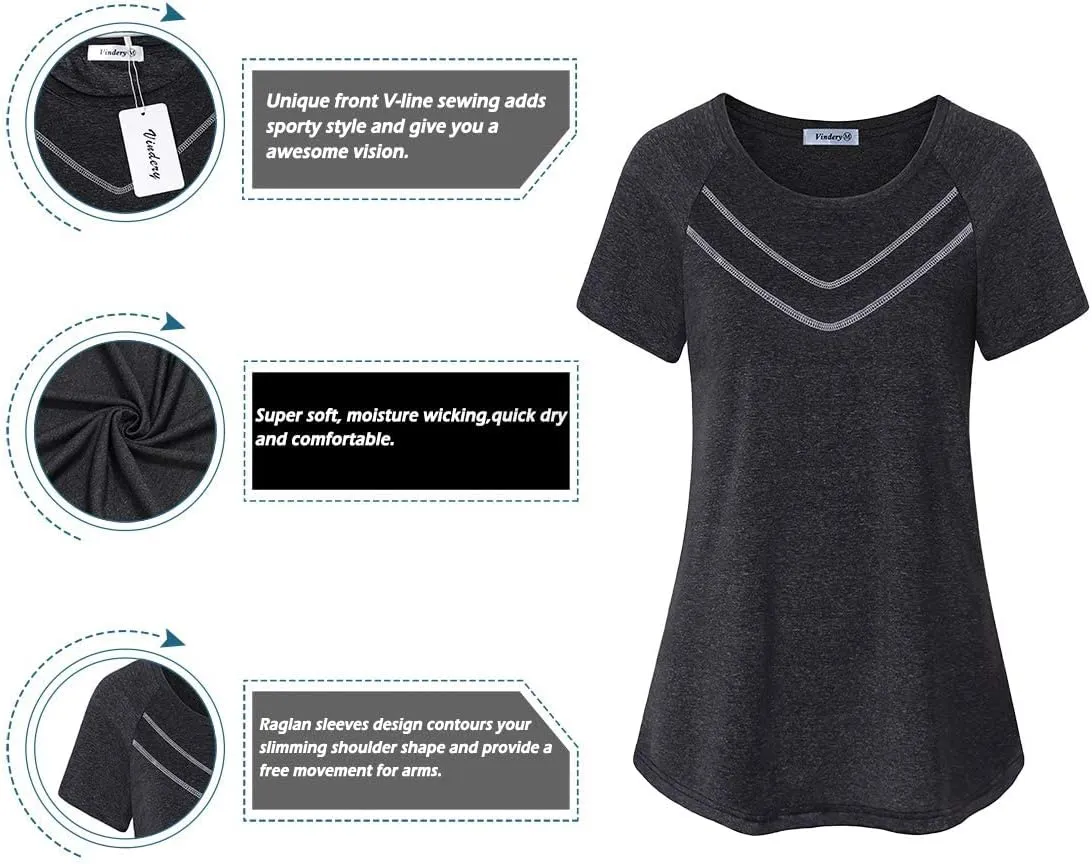 Vindery Women Quick-Dry Line Decor Front Yoga Workout Shirts Athletic Gym Loose Fit Tops