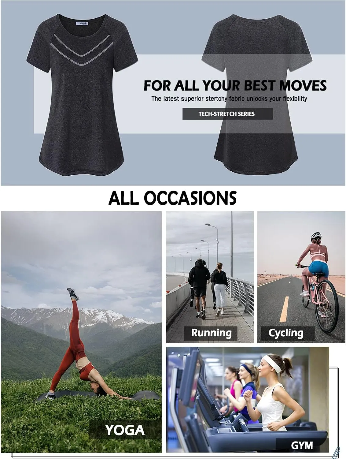 Vindery Women Quick-Dry Line Decor Front Yoga Workout Shirts Athletic Gym Loose Fit Tops