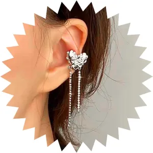 Vintage Crystal Heart Ear Cuff Earrings Cz Chain Cuff Wrap Earrings Rhinestone Chain Tassel Earrings Cz Heart Cartilage Cuff Earrings Love Heart Crawler Cuff Earrings Silver Tennis Earrings