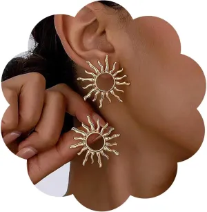Vintage Large Sun Earrings Gold Sunshine Stud Earrings Circle Sunshine Earrings Hollow Sun Earrings Sunburst Stud Earrings Jewelry for Women