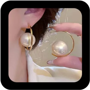 Vintage Pearl Earrings Large Pearl Hoop Earrings Single Pearl Dangle Drop Earrings Pearl C Shape Earrings Birdal Earrings Jewelry for Women