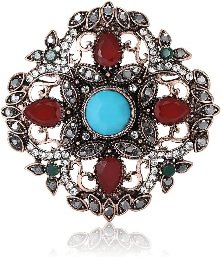 Vintage Rhinestones Cross Shaped Flowers Brooch Pin for Women Girls Elegant Red Blue CZ Lapel Pins for Dresses Suit Fashion Jewelry