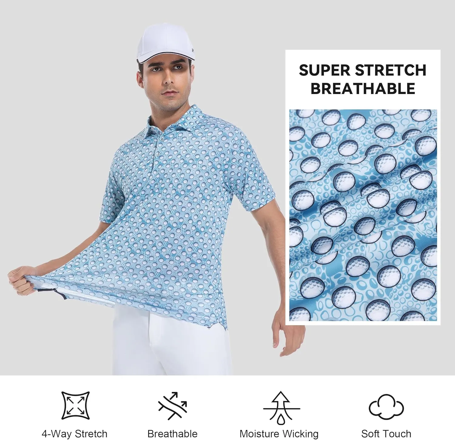 WARHORSEE Mens Golf Shirt Short Sleeve Super Stretch Printed Golf Polo Moisture Wicking Dry Fit Polo Shirts for Men