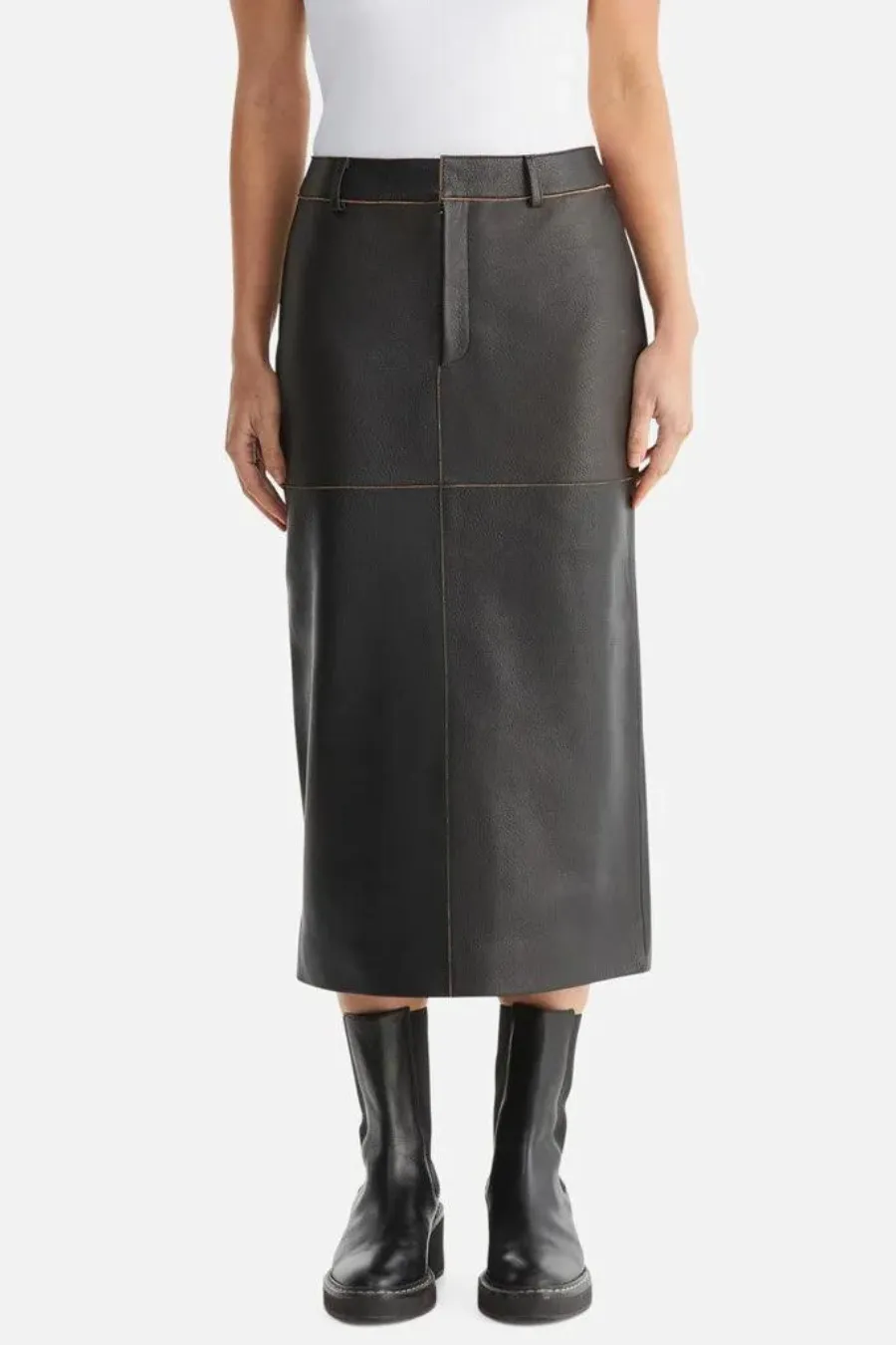 Wednesday Edged Leather Midi Skirt Black