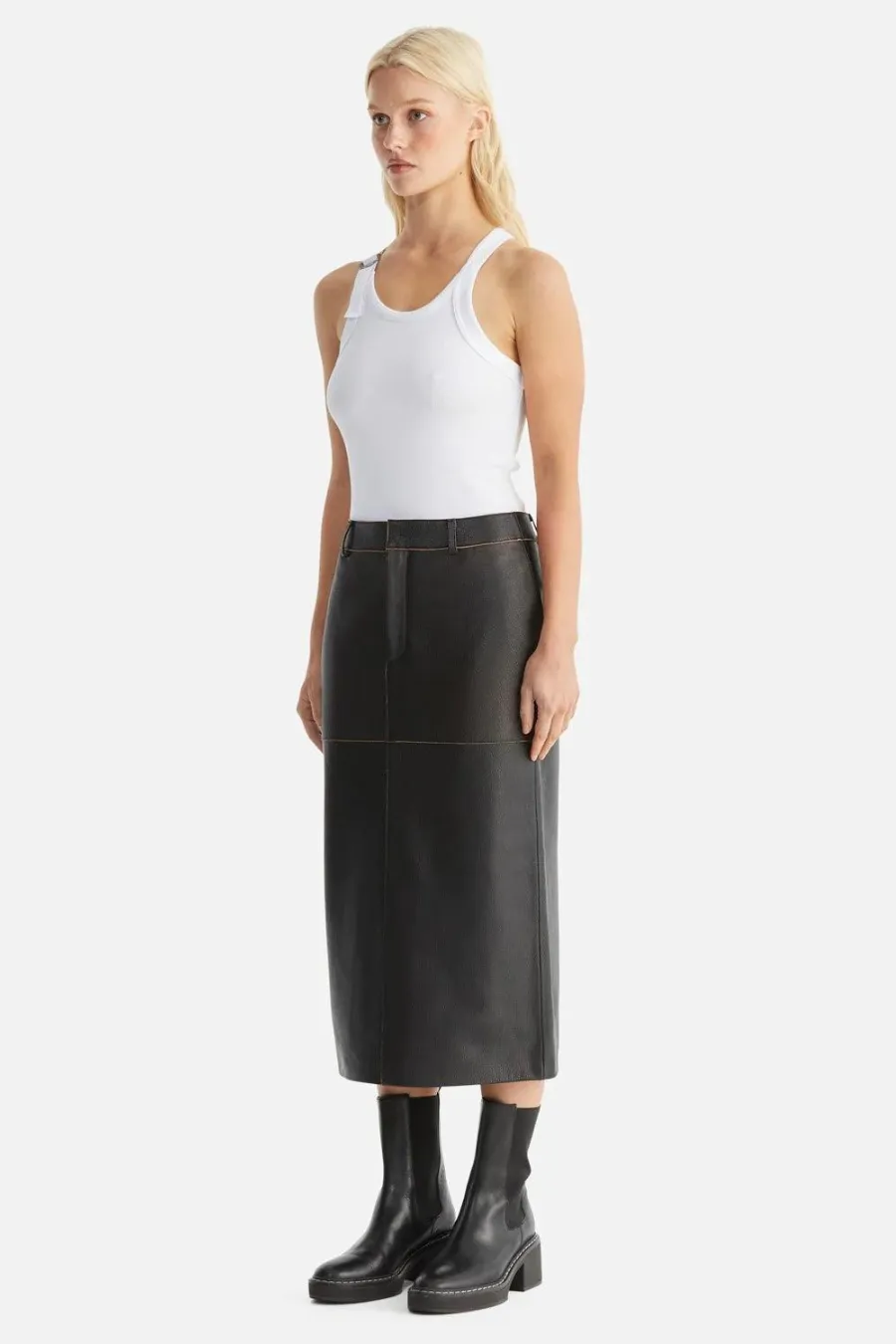 Wednesday Edged Leather Midi Skirt Black
