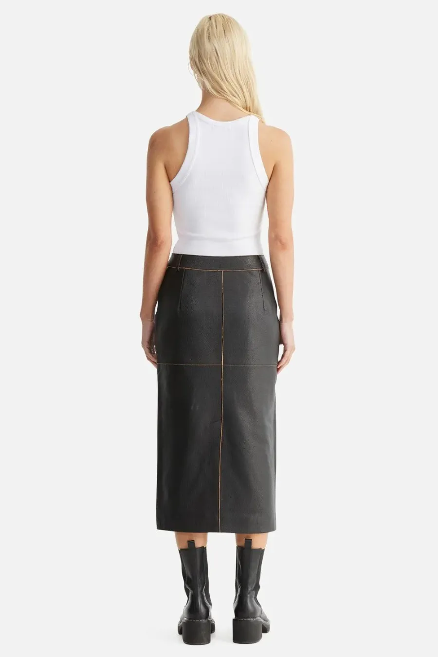 Wednesday Edged Leather Midi Skirt Black
