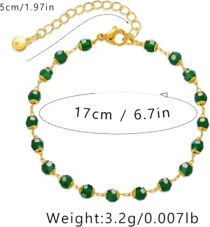 Women 18K Gold Bracelet Green Bead Minimalist Adjustable Curb Figaro Link Chain Bracelets for Christmas Family Birthday Jewelry
