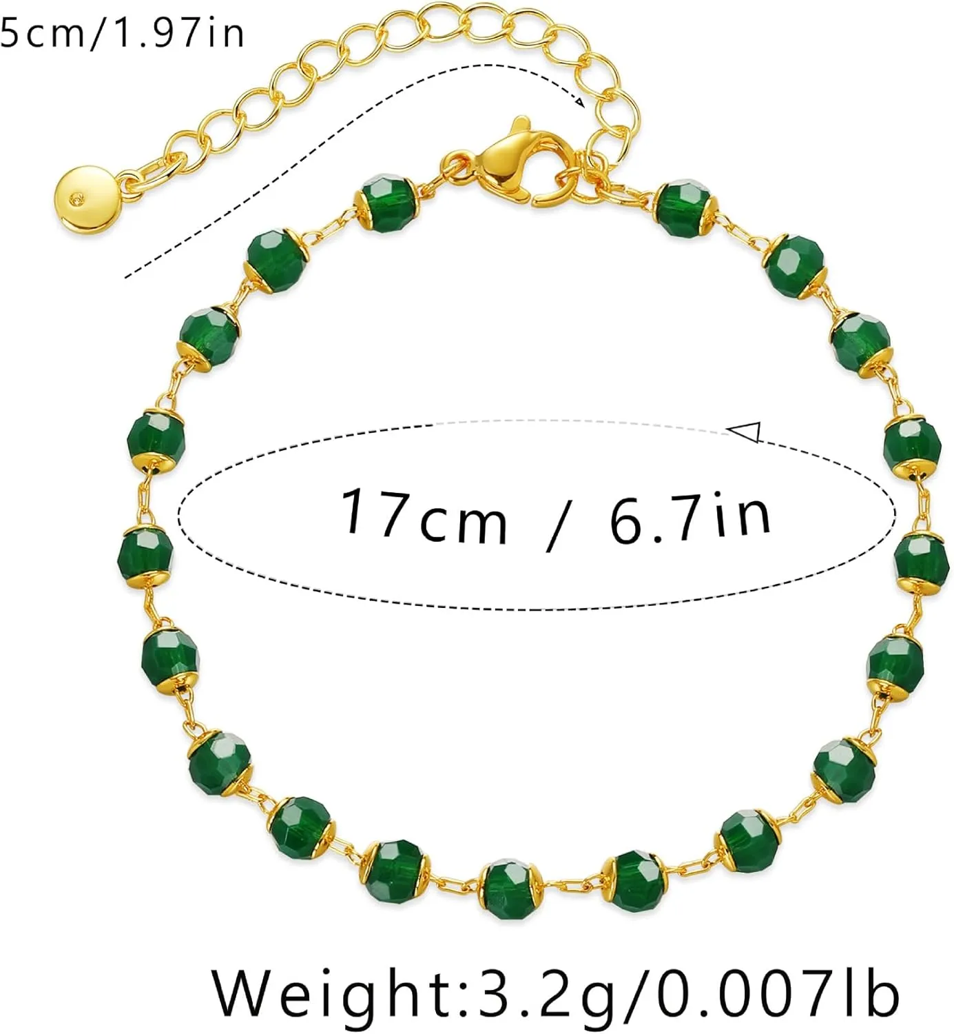 Women 18K Gold Bracelet Green Bead Minimalist Adjustable Curb Figaro Link Chain Bracelets for Christmas Family Birthday Jewelry