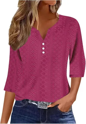 Women' 3/4 Sleeve Tops Notch V Neck Casual Shirts Lightweight Breathable Trendy Summer Beach Tunic Shirt Travel Tees