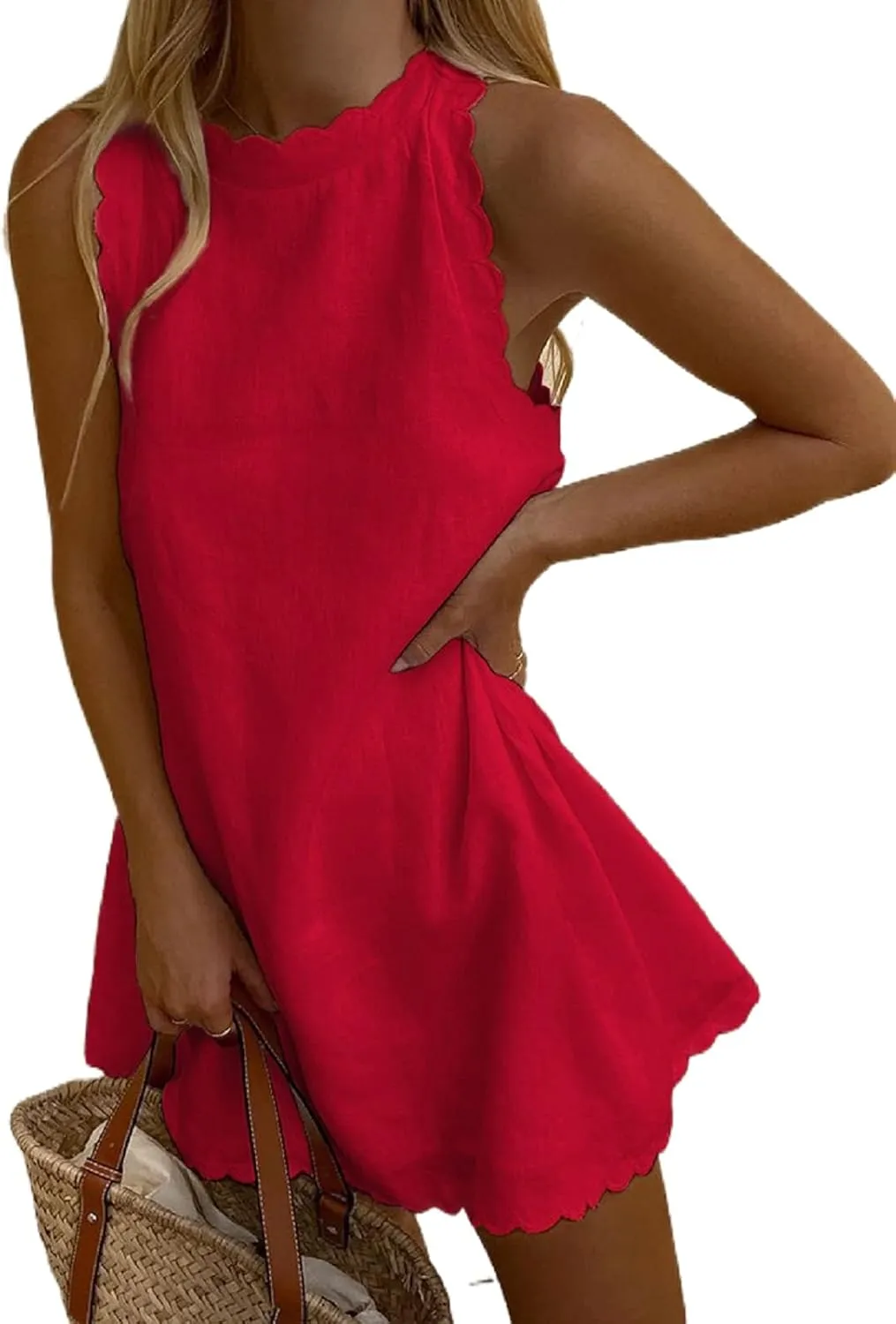 Women Casual Sleeveless Tank Mini Dress Halter Scallop Neck Summer Dress Stretchy Beach Cover Up Sundress