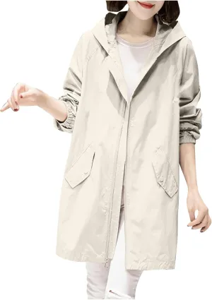 Women Rain Jacket Windproof Long Coats Hooded Windbreaker Lightweight Jackets Hiking Outdoor Travel Trench Coat