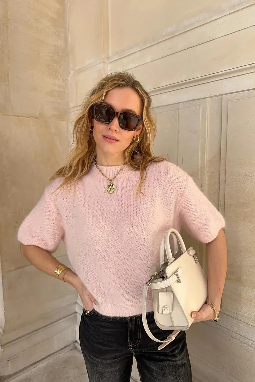 Women Short Sleeve Knitted Sweaters Solid Color Pullover Sweatshirts Summer Loose Blouses Oversized Jumpers