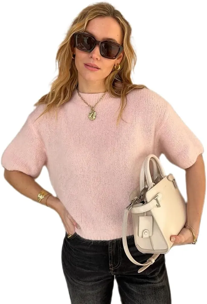 Women Short Sleeve Knitted Sweaters Solid Color Pullover Sweatshirts Summer Loose Blouses Oversized Jumpers