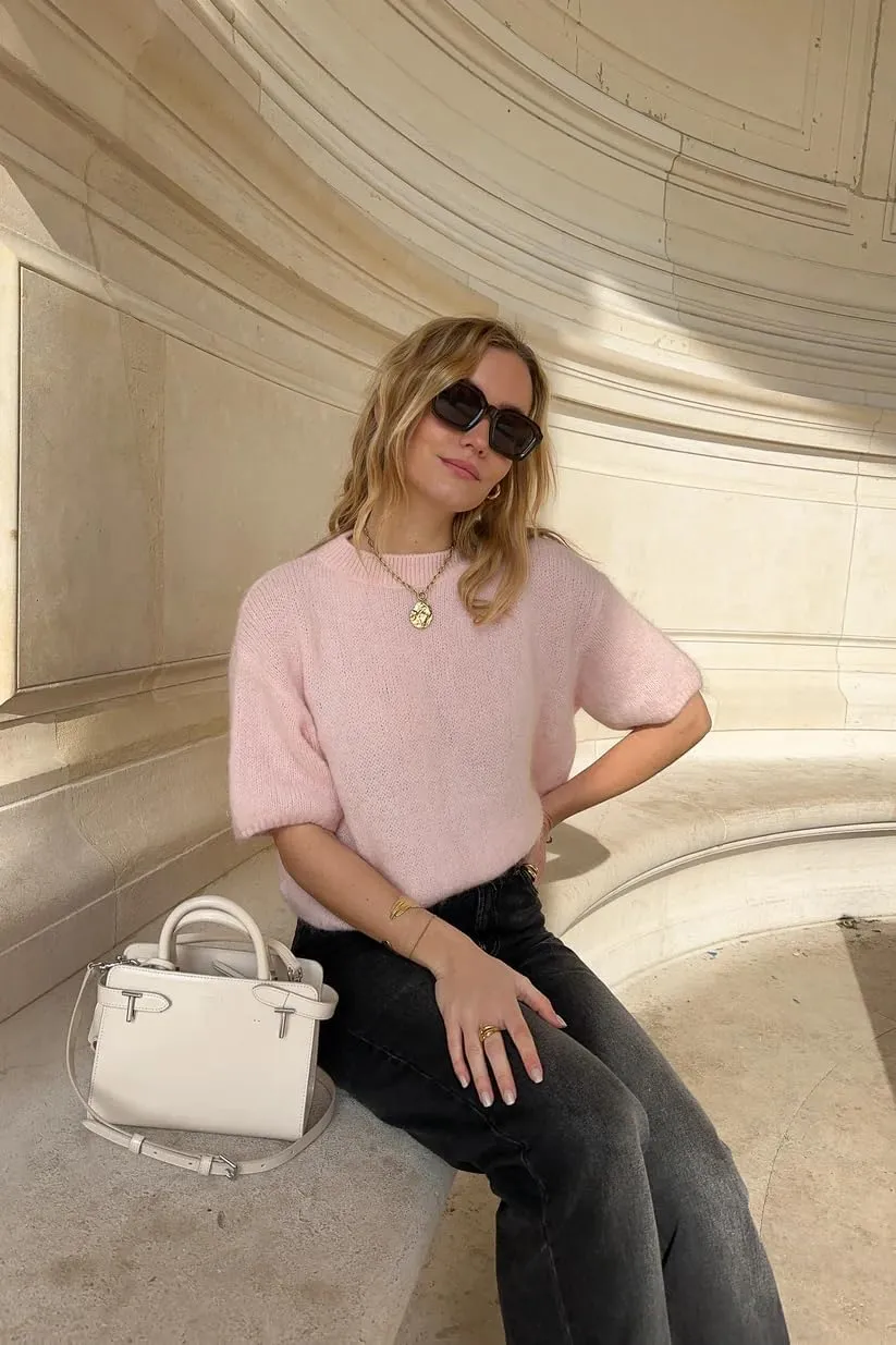 Women Short Sleeve Knitted Sweaters Solid Color Pullover Sweatshirts Summer Loose Blouses Oversized Jumpers