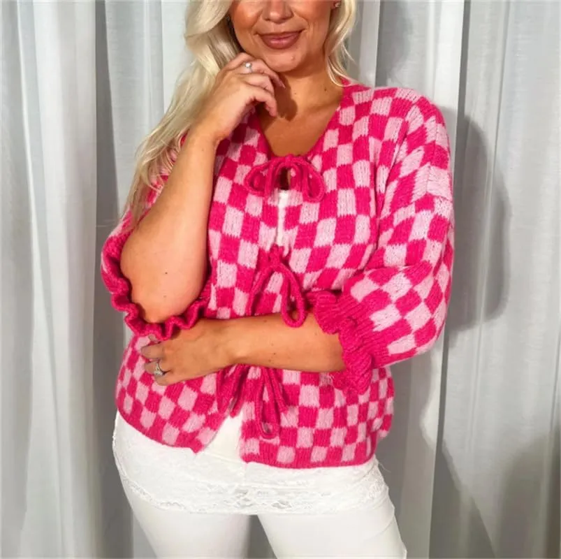 Women Y2k Tie Front Knit Cardigan Sweater Girls Cute Outwear Top Short Ruffle Sleeve Loose Knitwear Tops