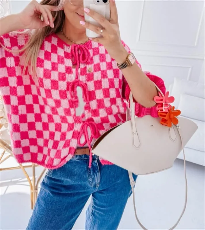Women Y2k Tie Front Knit Cardigan Sweater Girls Cute Outwear Top Short Ruffle Sleeve Loose Knitwear Tops