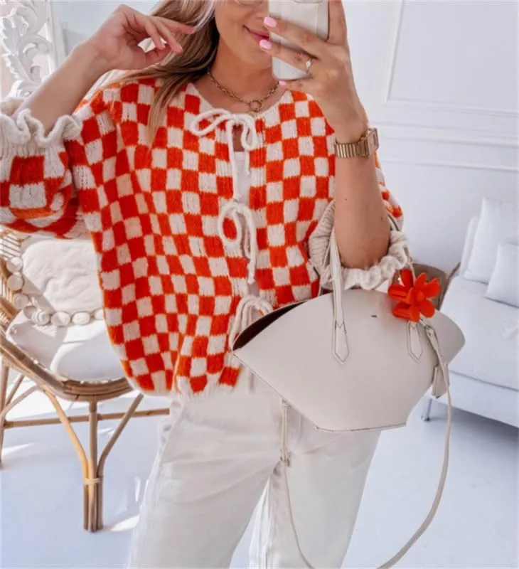 Women Y2k Tie Front Knit Cardigan Sweater Girls Cute Outwear Top Short Ruffle Sleeve Loose Knitwear Tops