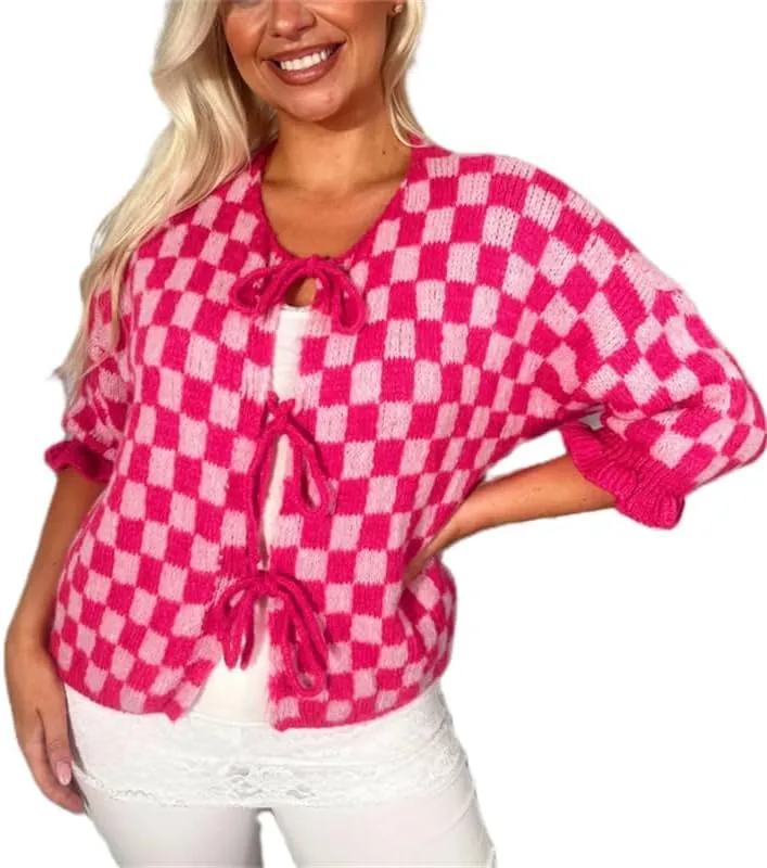 Women Y2k Tie Front Knit Cardigan Sweater Girls Cute Outwear Top Short Ruffle Sleeve Loose Knitwear Tops