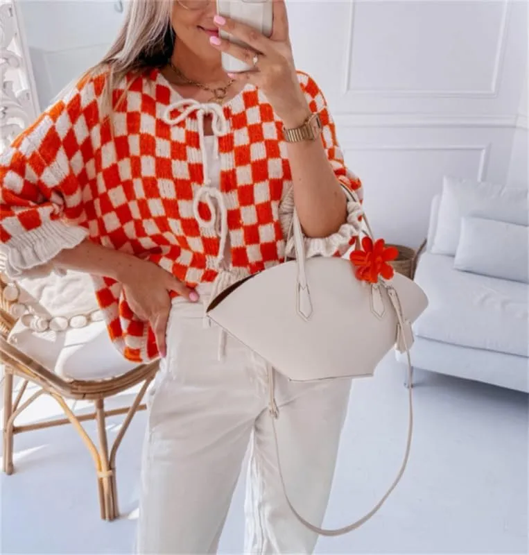 Women Y2k Tie Front Knit Cardigan Sweater Girls Cute Outwear Top Short Ruffle Sleeve Loose Knitwear Tops