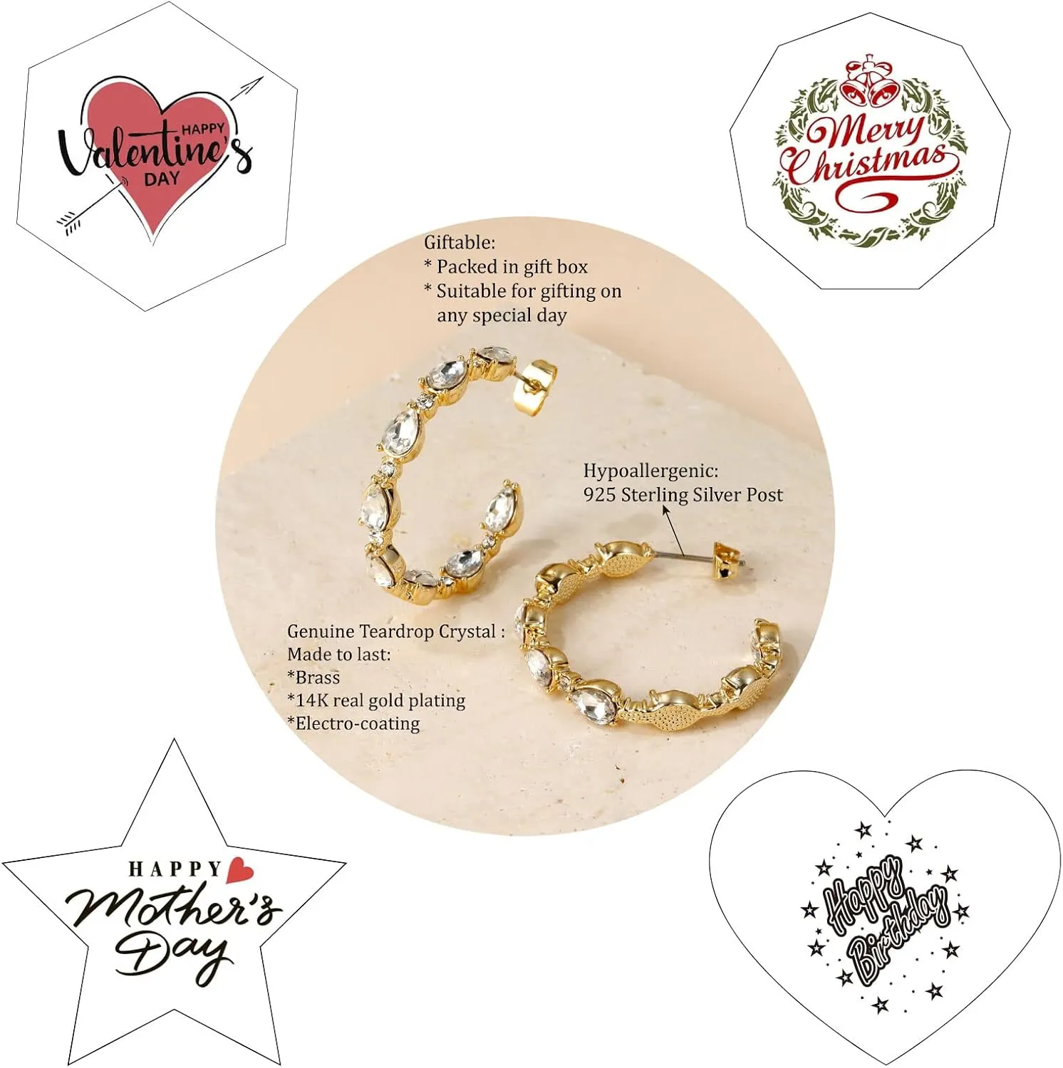 Women's 14k Real Gold Plated Rhinestone Huggie Hoop Earrings for Women Trendy,Womens Dainty Gold Jewelry Earrings