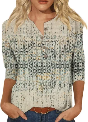 Womens 3/4 Length Sleeve Tops Fashion Casual Button Down Summer Shirts Loose Fit Three Quarter Length Sleeve Blouse
