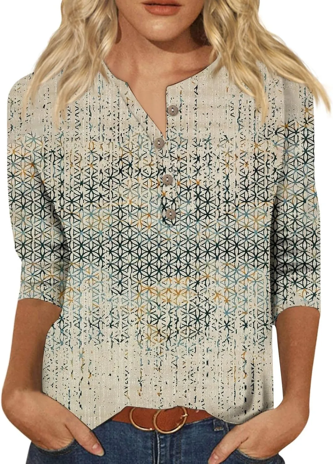 Womens 3/4 Length Sleeve Tops Fashion Casual Button Down Summer Shirts Loose Fit Three Quarter Length Sleeve Blouse