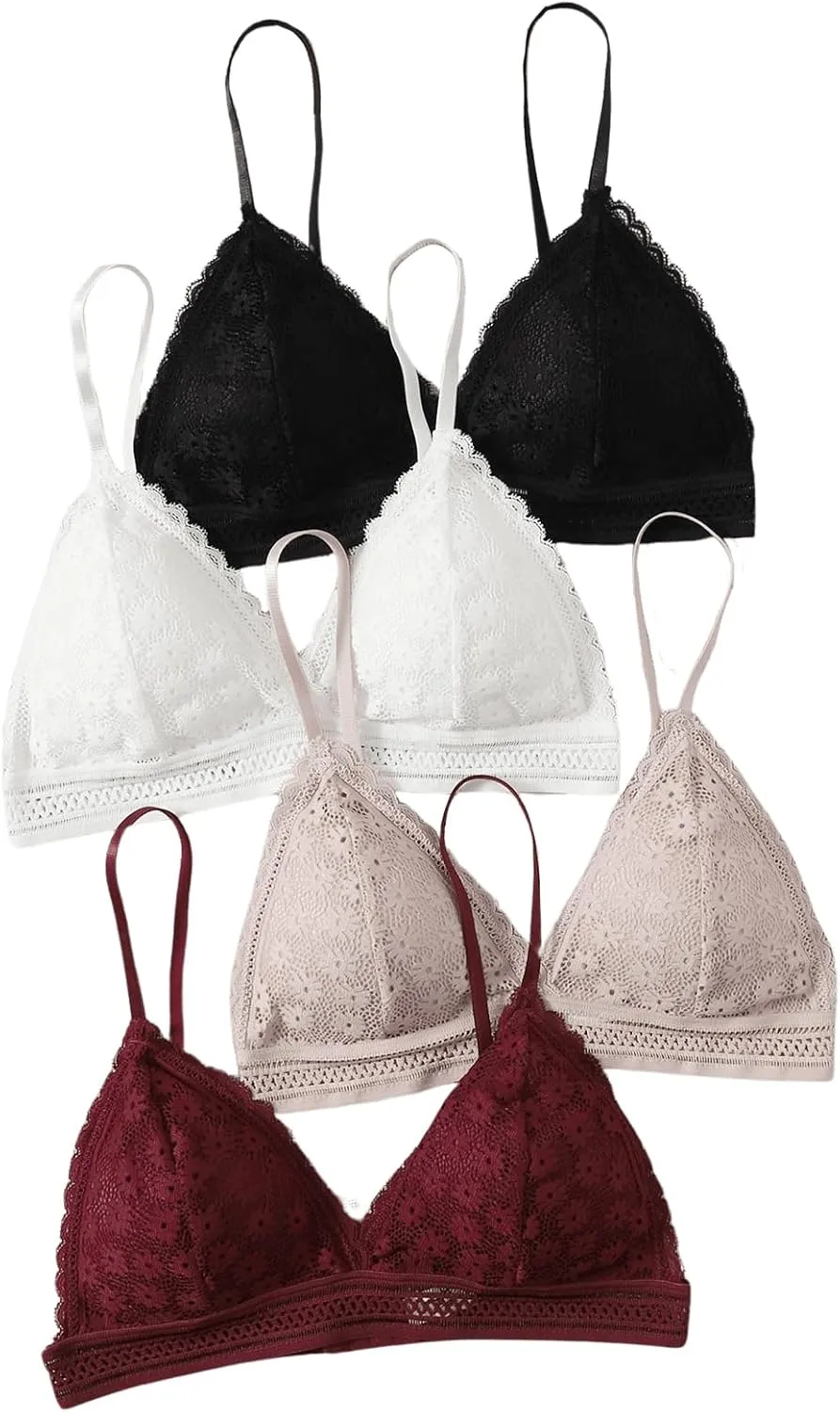 Women's 4 Pack Floral Lace Adjustable Straps Wireless Bra Scallop Trim Molded Bralettes Sets