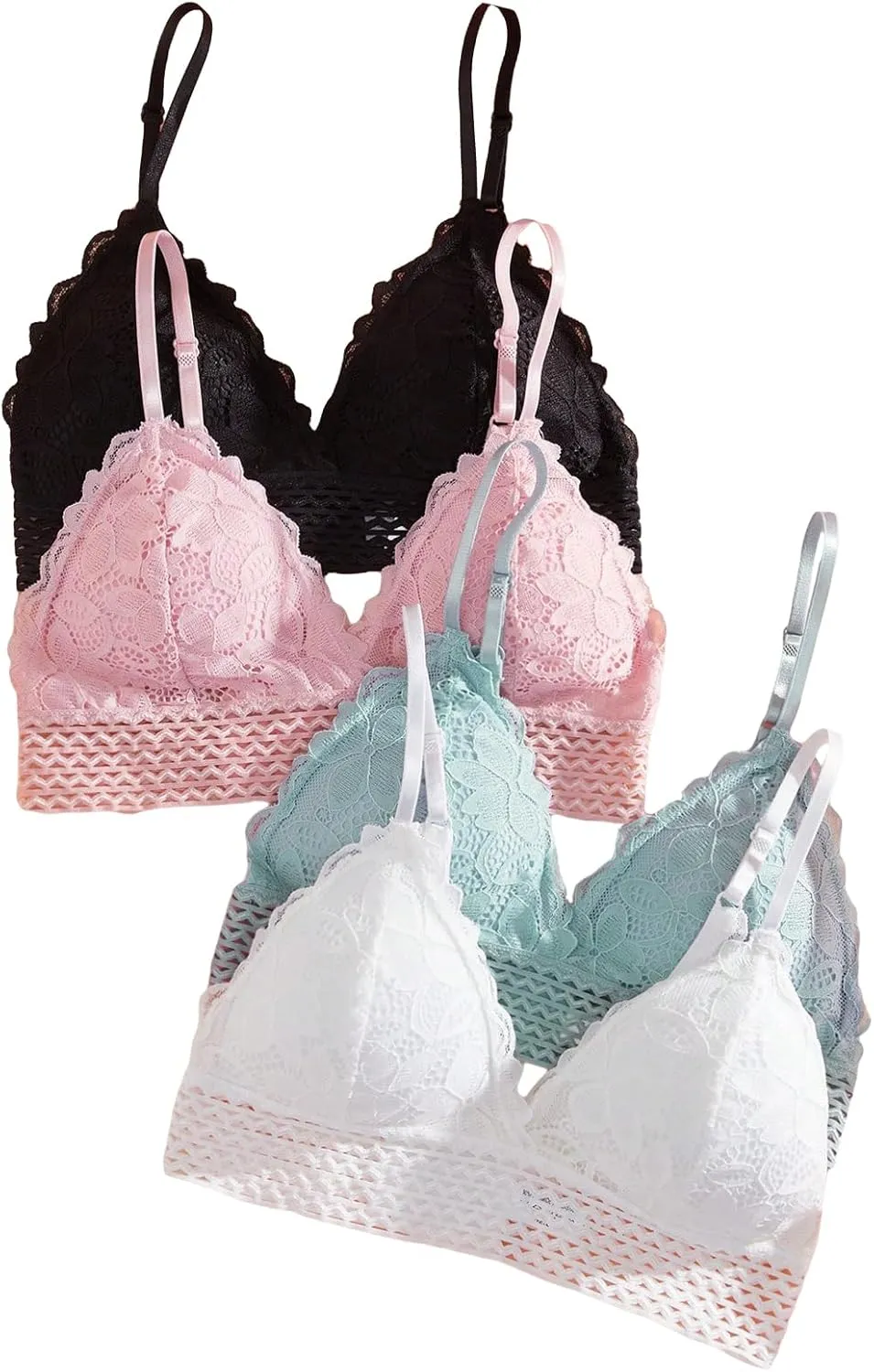 Women's 4 Pack Floral Lace Adjustable Straps Wireless Bra Scallop Trim Molded Bralettes Sets