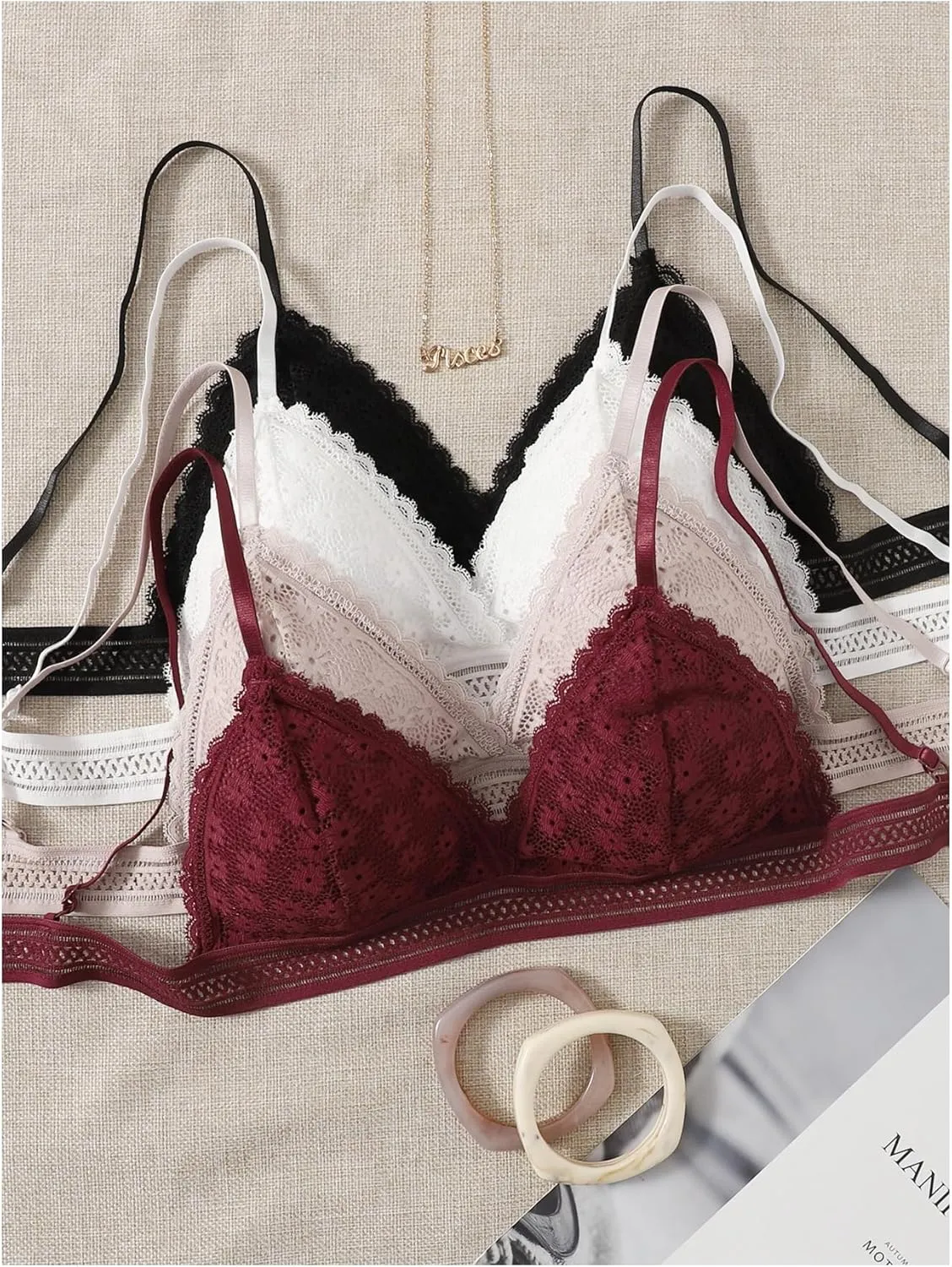 Women's 4 Pack Floral Lace Adjustable Straps Wireless Bra Scallop Trim Molded Bralettes Sets