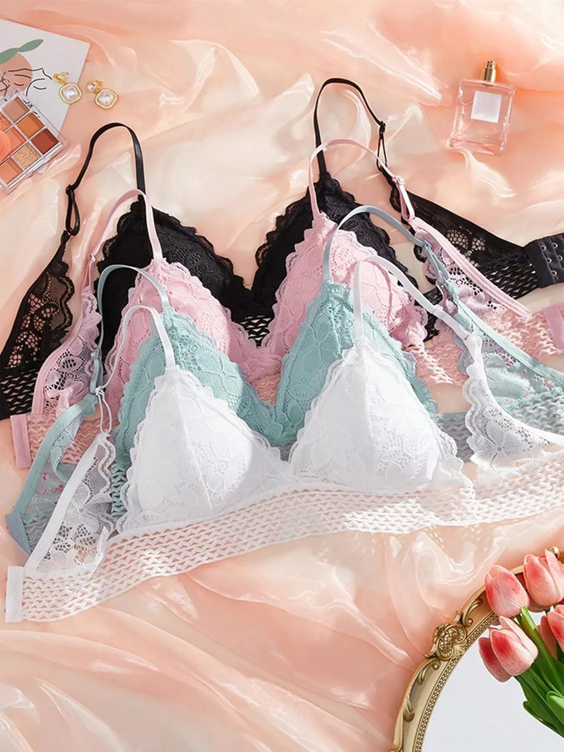 Women's 4 Pack Floral Lace Adjustable Straps Wireless Bra Scallop Trim Molded Bralettes Sets