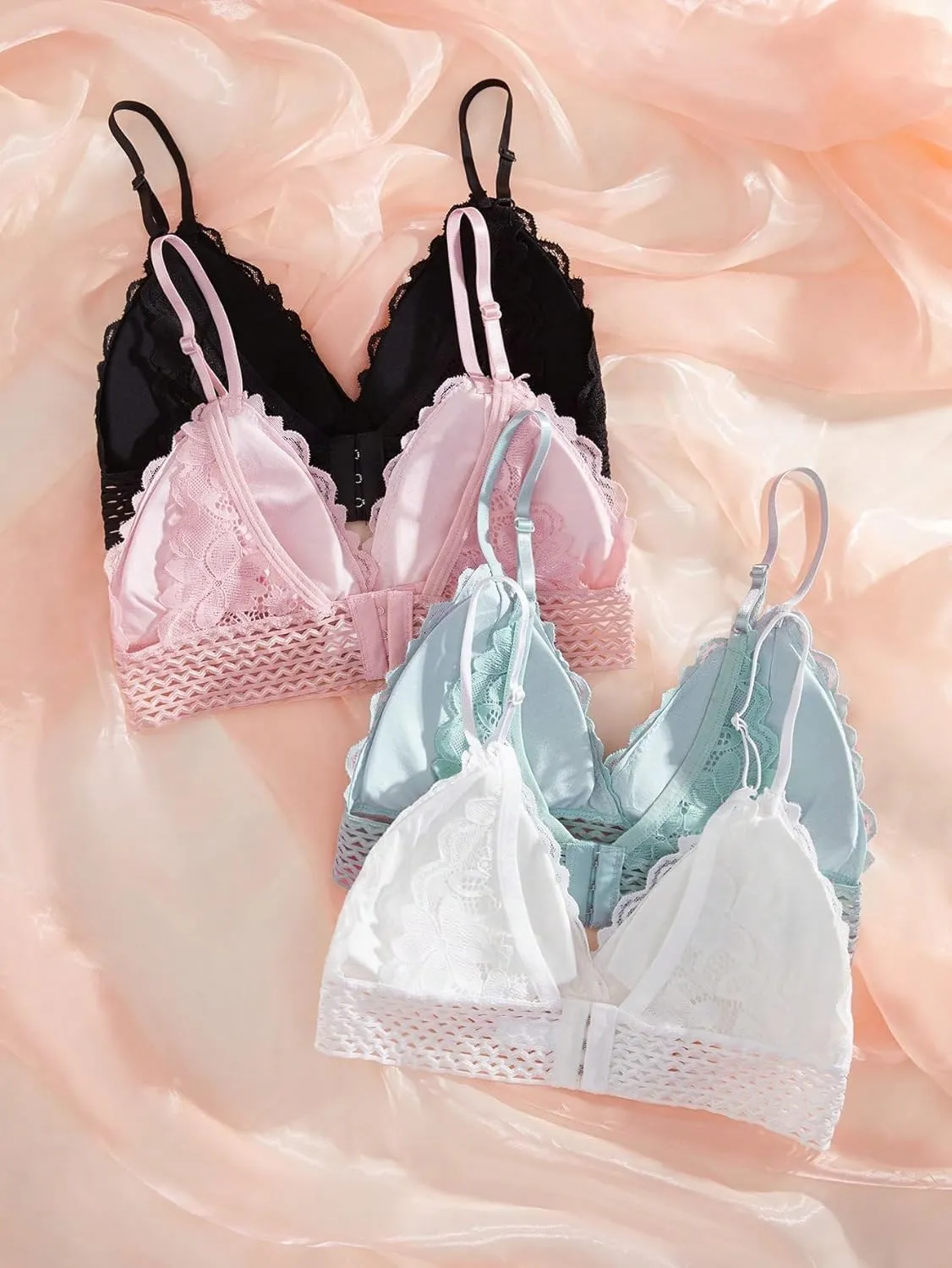 Women's 4 Pack Floral Lace Adjustable Straps Wireless Bra Scallop Trim Molded Bralettes Sets