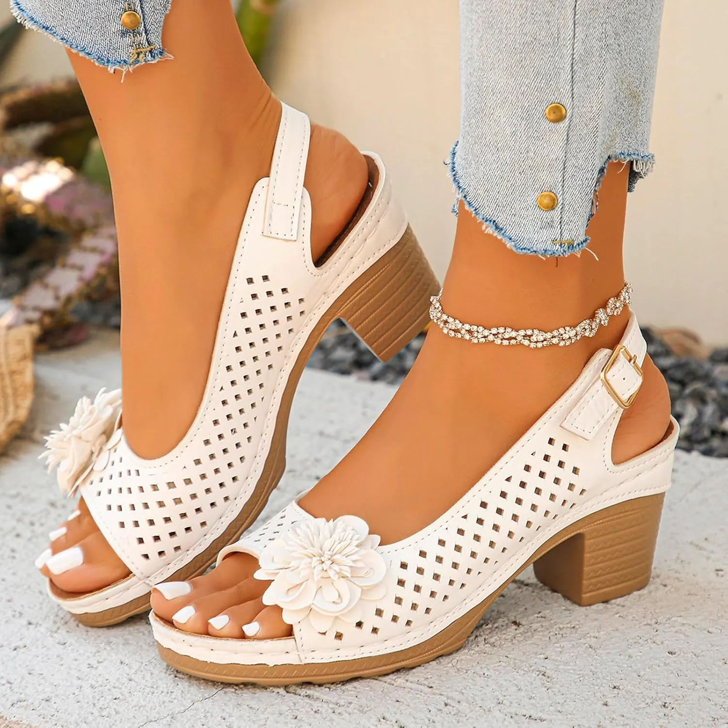 Womens Block Heel Sandals Summer Open Toe Ankle Buckle Strap Chunky Casual Hollow Out Platform Wedge Peep Slingback Dress Shoes Dressy Wedges Heels Comfortable Sandal Work Office Breathable