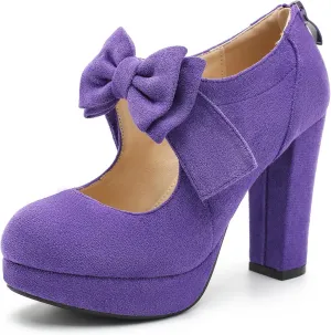 Womens Bow Heels Mary Jane Shoes Round Toe Platform Chunky High Heel Vintage Dress Pumps