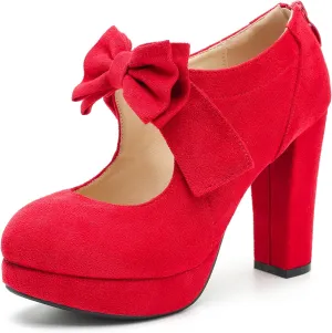 Womens Bow Heels Mary Jane Shoes Round Toe Platform Chunky High Heel Vintage Dress Pumps