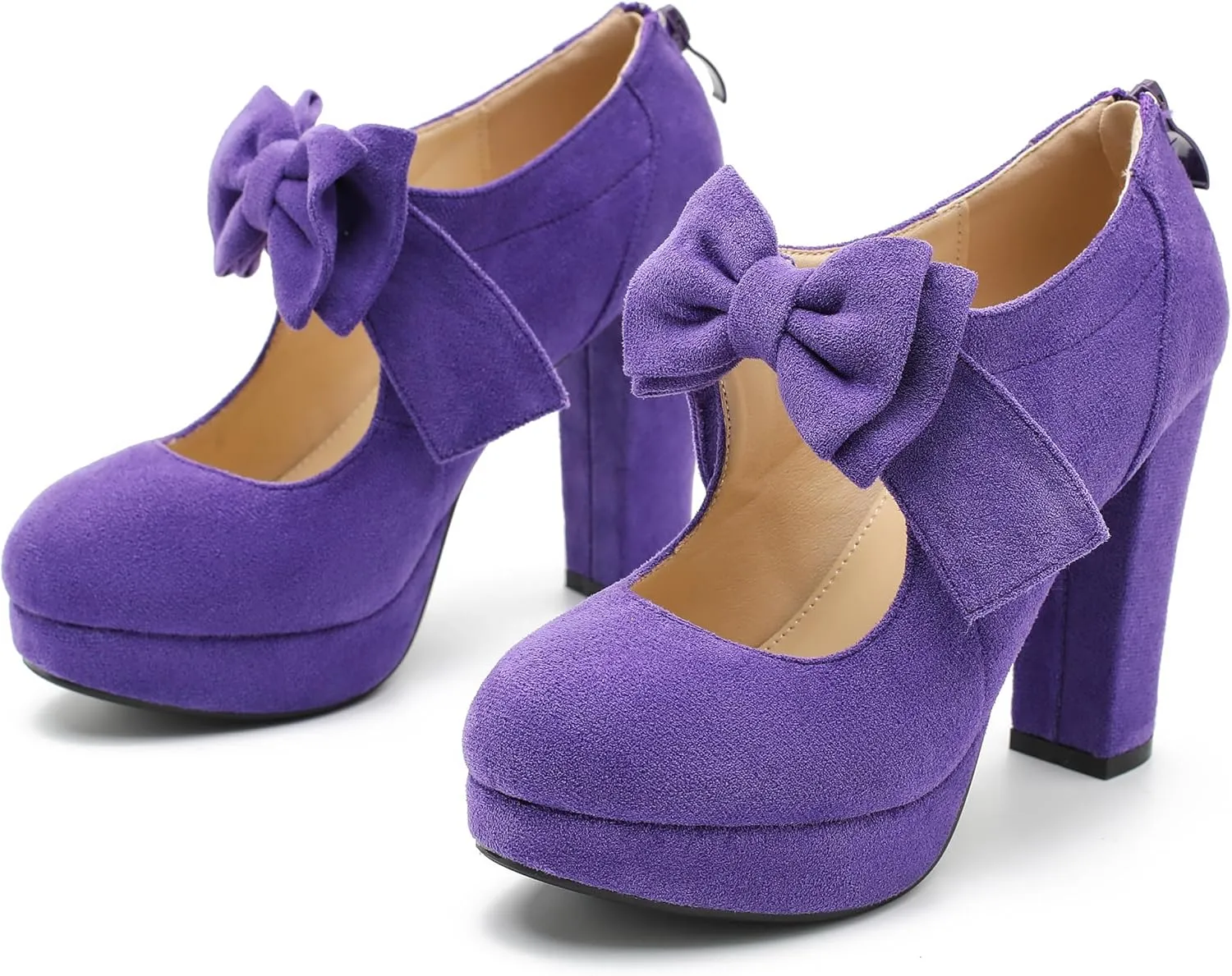 Womens Bow Heels Mary Jane Shoes Round Toe Platform Chunky High Heel Vintage Dress Pumps