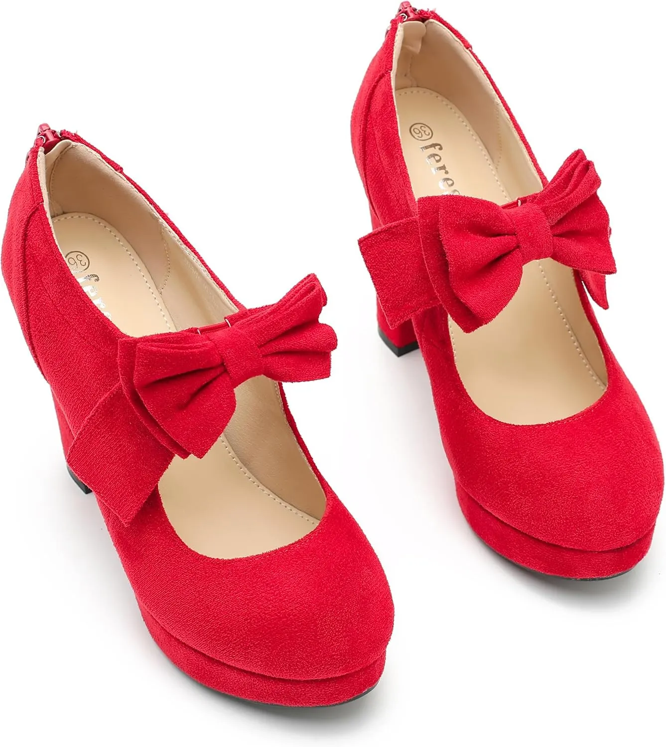 Womens Bow Heels Mary Jane Shoes Round Toe Platform Chunky High Heel Vintage Dress Pumps