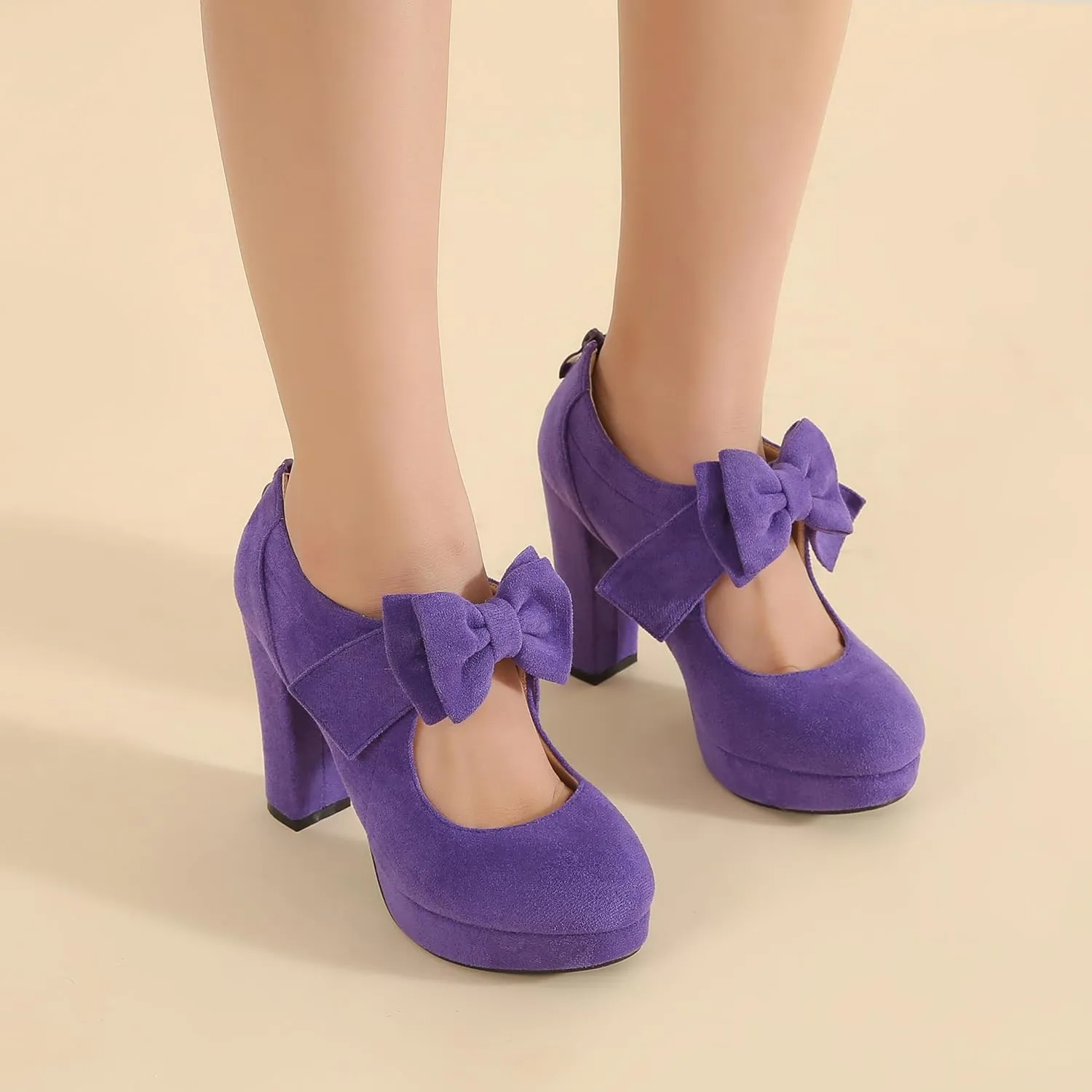 Womens Bow Heels Mary Jane Shoes Round Toe Platform Chunky High Heel Vintage Dress Pumps