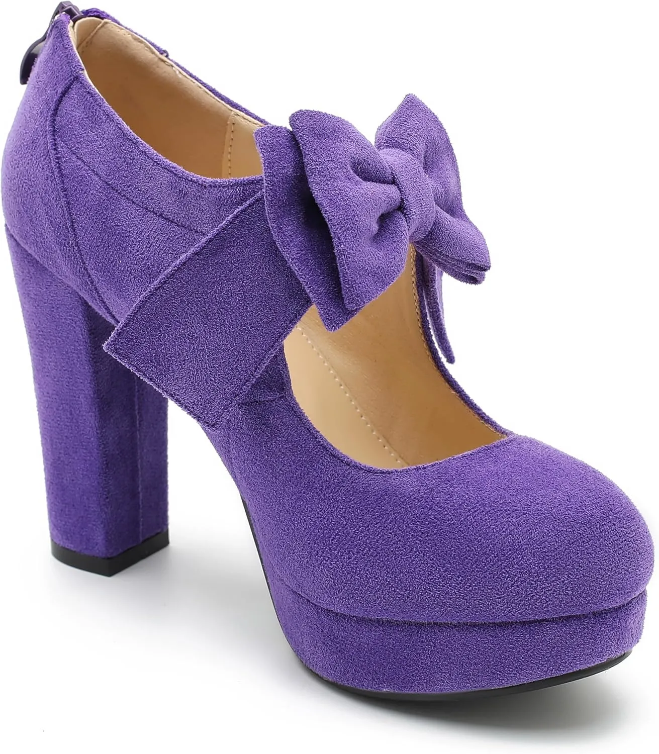 Womens Bow Heels Mary Jane Shoes Round Toe Platform Chunky High Heel Vintage Dress Pumps