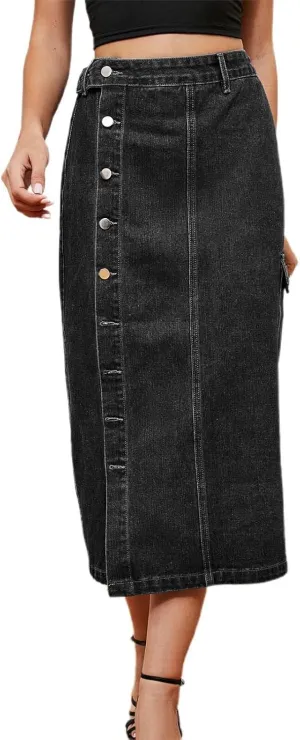 Women's Casual Denim Skirts Summer Midi Jean Skirts Stretch High Waisted Vintage Denim Dress 2025 Trendy with Pockets