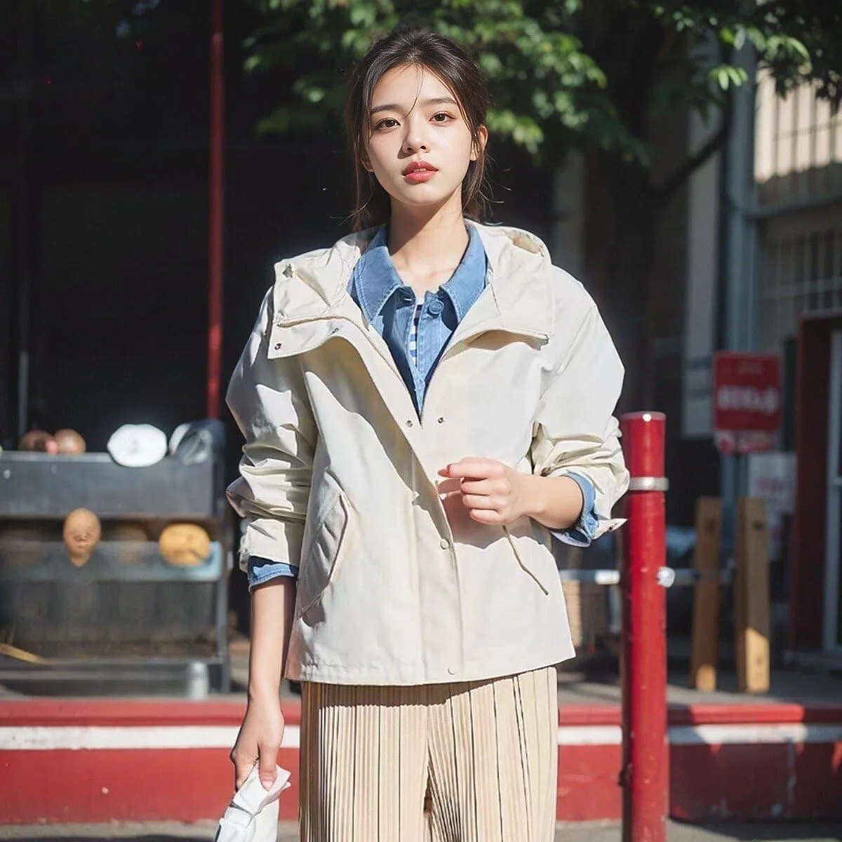 Women's casual hooded jacket, short windbreaker