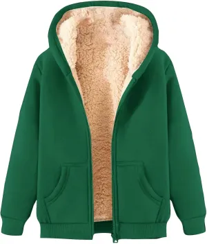 Women's Casual Sherpa Lined Jackets Fall Winter Fleece Zip Up Hoodie Plus Size Long Sleeve Warm Soft Coats Outerwear