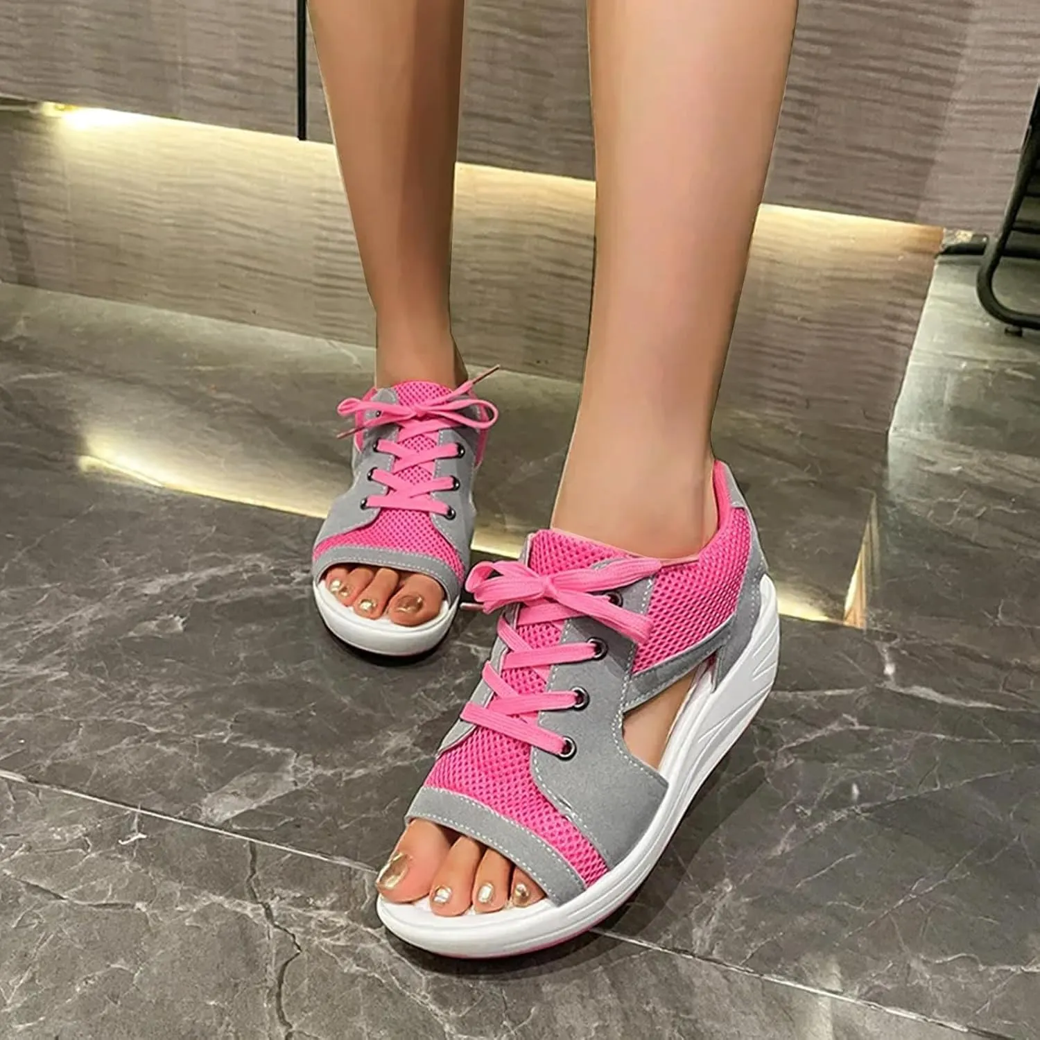 Womens Contrast Paneled Cutout Lace Up Muffin Sandals Peep Toe Platform Casual Summer Comfy Sports Wedges for Women's Footwear