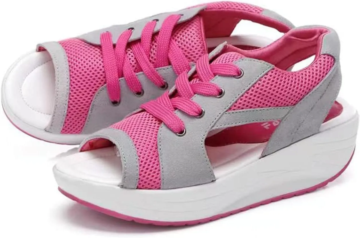 Womens Contrast Paneled Cutout Lace Up Muffin Sandals Peep Toe Platform Casual Summer Comfy Sports Wedges for Women's Footwear