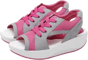 Womens Contrast Paneled Cutout Lace Up Muffin Sandals Peep Toe Platform Casual Summer Comfy Sports Wedges for Women's Footwear