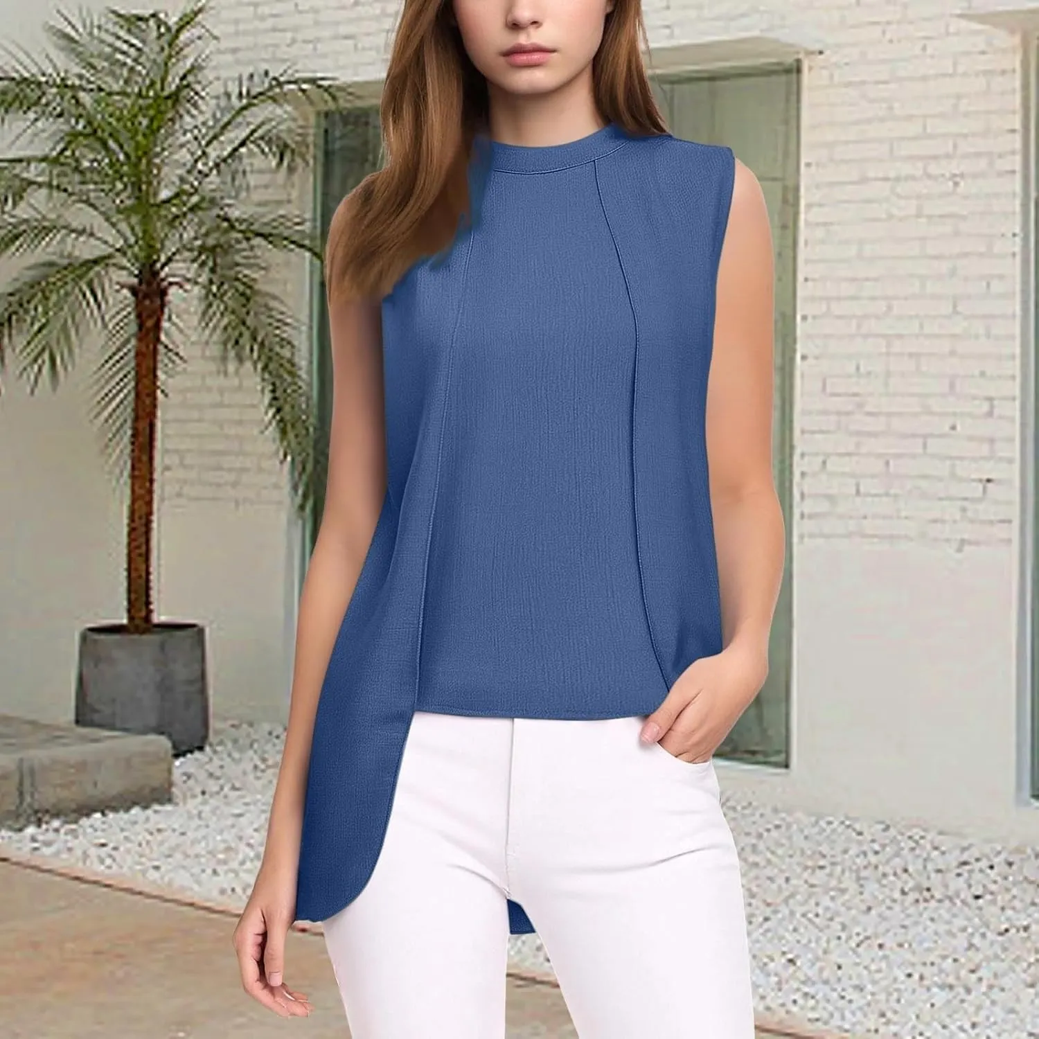 Women's Crew Neck Sleeveless Casual Tank Tops Summer Irregular Going Out Tank Tops Slim Solid Color Trendy