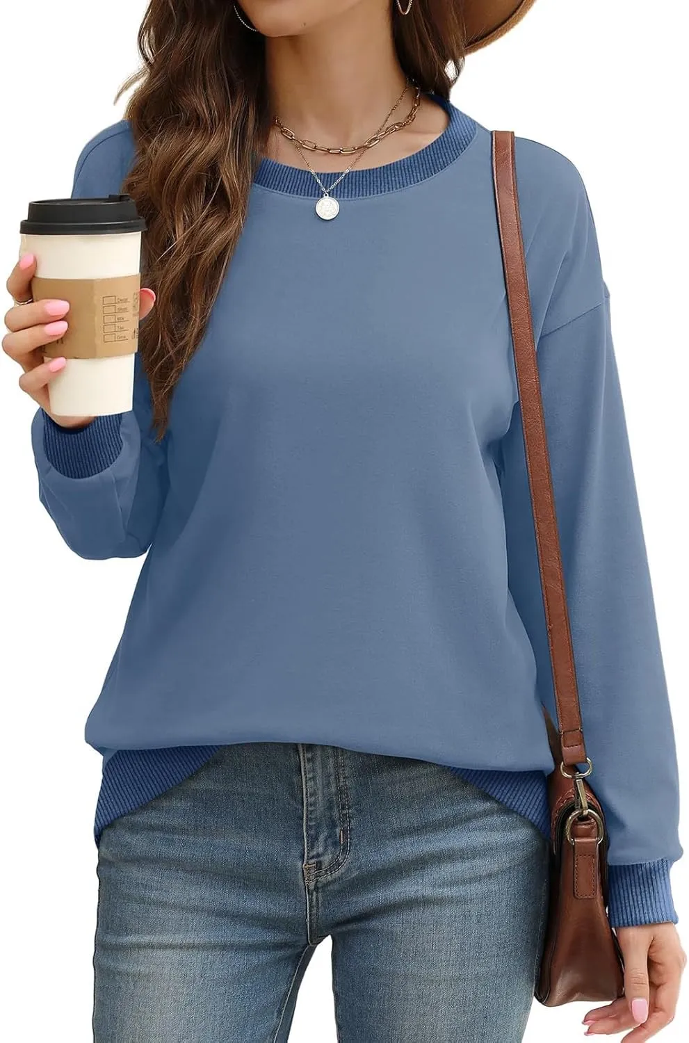 Womens Crewneck Sweatshirts Long Sleeve Tops Color Block Ribbed Trim Fashion 2024 Clothes Outfits For Women 2024