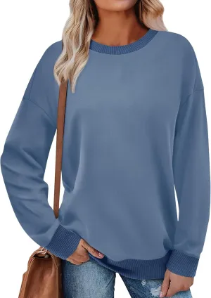 Womens Crewneck Sweatshirts Long Sleeve Tops Color Block Ribbed Trim Fashion 2024 Clothes Outfits For Women 2024